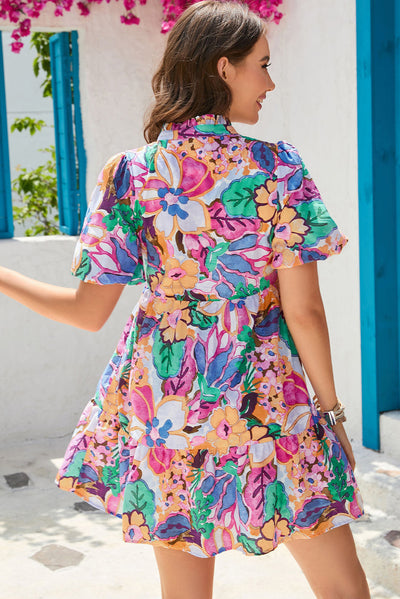 BEAUTIFUL I AM Floral Notched Neck Ruffle Hem Dress