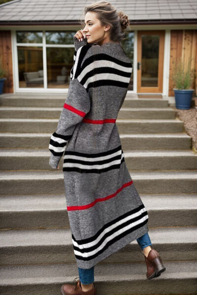 BEAUTIFUL I AM Striped Open Front Long Sleeve Longline Sweater Cardigan