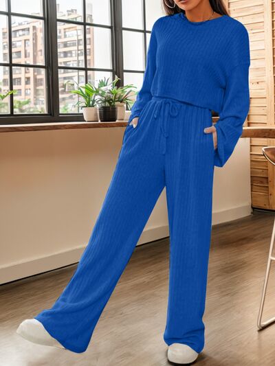 BEAUTIFUL I AM Ribbed Round Neck Top and Drawstring Pants Set