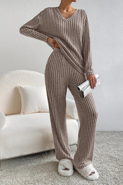 BEAUTIFUL I AM Ribbed V-Neck Top and Pants Set