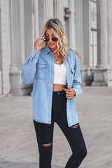 BEAUTIFUL I AM Collared Neck Dropped Shoulder Denim Shirt Top