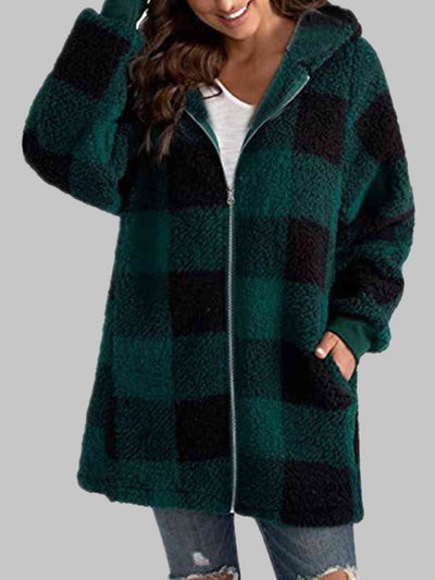 BEAUTIFUL I AM Plaid Zip-Up Hooded Jacket with Pockets