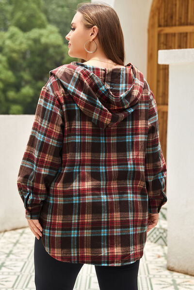 BEAUTIFUL I AM Plus Size Drawstring Plaid Quarter Button Hoodie