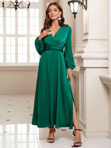 BEAUTIFUL I AM Surplice Long Sleeve Slit Midi Dress