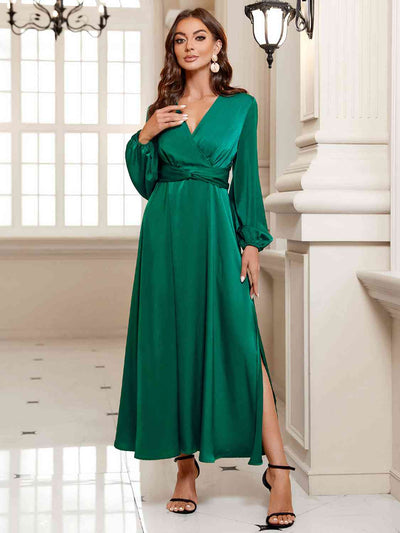 BEAUTIFUL I AM Surplice Long Sleeve Slit Midi Dress