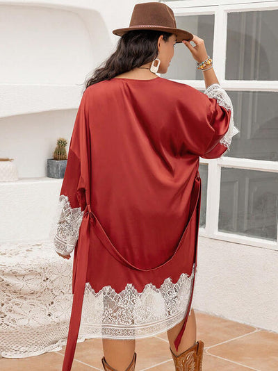 BEAUTIFUL I AM Plus Size Lace Patchwork Tie Front Robe