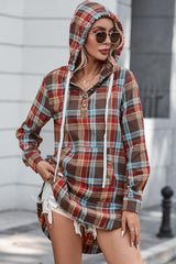 BEAUTIFUL I AM Plaid Drawstring Long Sleeve Hooded Dress with Pocket