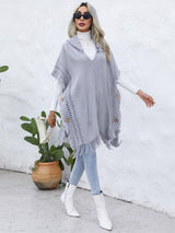 BEAUTIFUL I AM Fringe Trim Buttoned Hooded Poncho