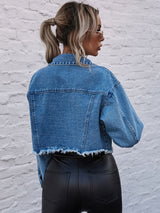 BEAUTIFUL I AM Cropped Collared Neck Raw Hem Denim Jacket