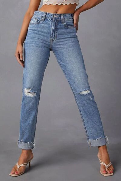 BEAUTIFUL I AM Distressed Raw Hem Straight Jeans with Pockets