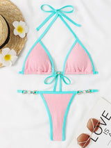 BEAUTIFUL I AM Textured Contrast Halter Neck Two-Piece Bikini Swim Set