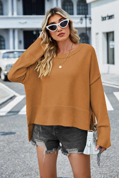 BEAUTIFUL I AM Round Neck Dropped Shoulder Slit Sweater