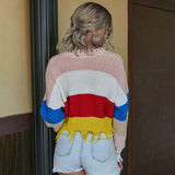 BEAUTIFUL I AM Color Block Frayed Hem Long Sleeve Sweater