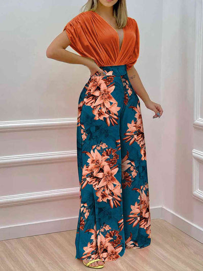 BEAUTIFUL I AM Printed Surplice Top and Wide Leg Pants Set