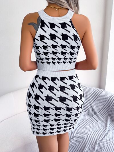 BEAUTIFUL I AM Houndstooth Sleeveless Top and Skirt Dress Sweater Set