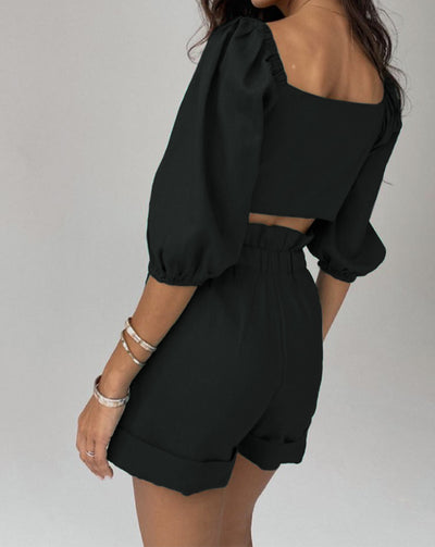 BEAUTIFUL I AM Cutout Puff Sleeve Top and Shorts Set