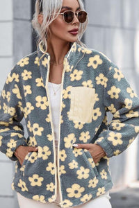 BEAUTIFUL I AM Pocketed Floral Mock Neck Jacket