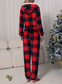 BEAUTIFUL I AM Plaid Zip Front Long Sleeve Hooded Lounge Sleep Wear Jumpsuit