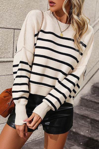 BEAUTIFUL I AM Striped Dropped Shoulder Round Neck Pullover Sweater