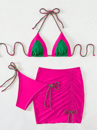 BEAUTIFUL I AM Contrast Tied Three-Piece Swim Set