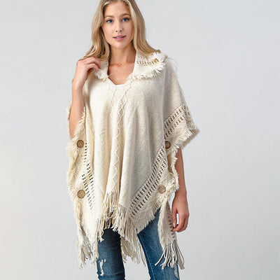 BEAUTIFUL I AM Fringed Crochet Buttoned Hooded Poncho