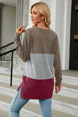 BEAUTIFUL I AM Color Block Round Neck Long Sleeve Slit Shirt