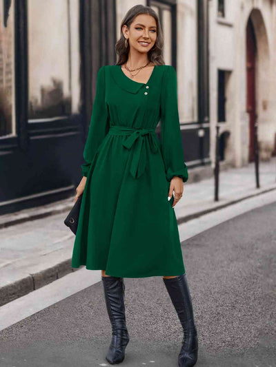 BEAUTIFUL I AM Buttoned Tie Front Long Sleeve Asymmetrical Neck Dress