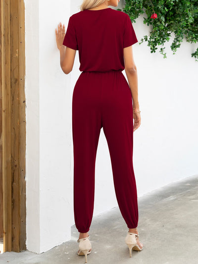 BEAUTIFUL I AM Short Sleeve V-Neck Pants Jumpsuit with Pockets