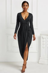 BEAUTIFUL I AM High-low Ruched Surplice Long Sleeve Dress