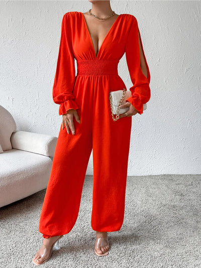 BEAUTIFUL I AM Plunge Smocked Flounce Sleeve Pants Jumpsuit