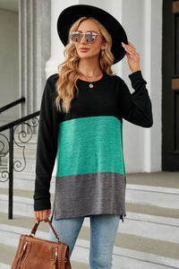 BEAUTIFUL I AM Color Block Round Neck Long Sleeve Slit Shirt