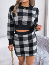 BEAUTIFUL I AM Plaid Round Neck Top and Skirt Sweater Set