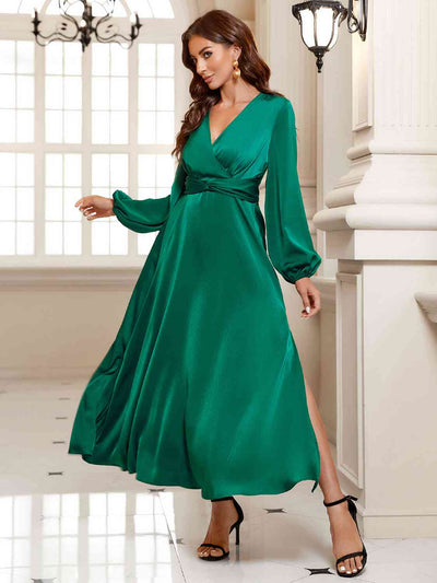 BEAUTIFUL I AM Surplice Long Sleeve Slit Midi Dress