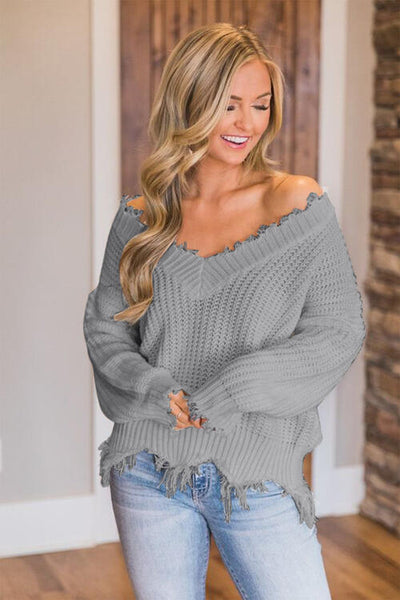 BEAUTIFUL I AM Frayed Hem Dropped Shoulder Sweater