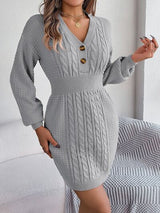 BEAUTIFUL I AM Buttoned Cable-Knit V-Neck Sweater Dress