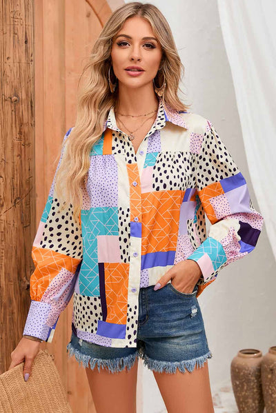 BEAUTIFUL I AM Patchwork Puff Sleeve Collared Shirt