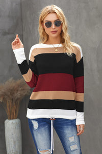 BEAUTIFUL I AM Round Neck Color Block Dropped Shoulder Knit Top Sweater