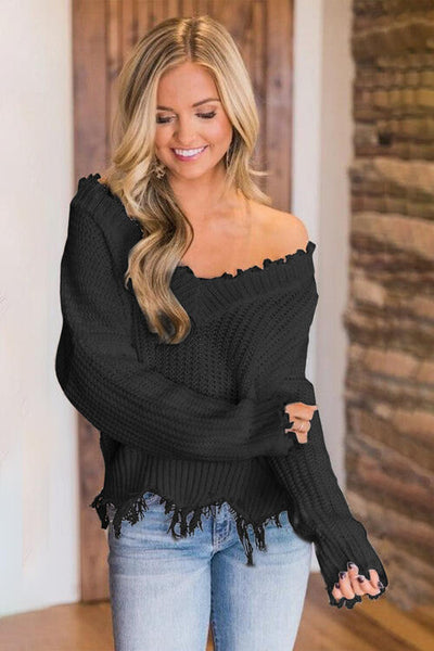 BEAUTIFUL I AM Frayed Hem Dropped Shoulder Sweater