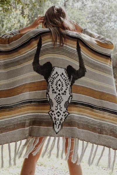 BEAUTIFUL I AM Leto Desert Wanderer Cow Skull Striped Poncho Cardigan