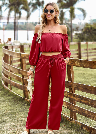 BEAUTIFUL I AM Off-Shoulder Blouse and Drawstring Waist Pants Set