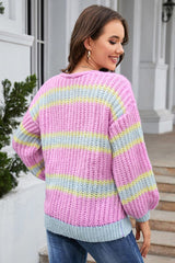 BEAUTIFUL I AM Striped Lantern Sleeve Dropped Shoulder Cardigan