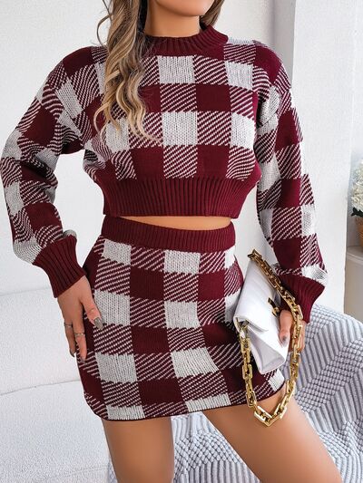 BEAUTIFUL I AM Plaid Round Neck Top and Skirt Sweater Set