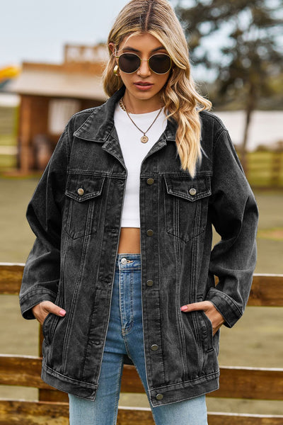 BEAUTIFUL I AM Buttoned Collared Neck Denim Packable Jacket with Pockets