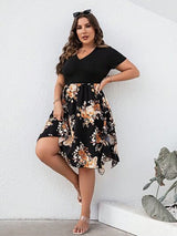 BEAUTIFUL I AM Plus Size Printed Ruched V-Neck Short Sleeve Dress