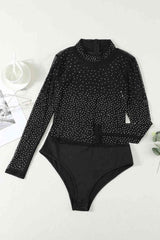 BEAUTIFUL I AM Rhinestone Mock Neck Long Sleeve Lingerie Bodysuit