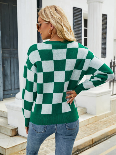 BEAUTIFUL I AM Checkered Round Neck Sweater