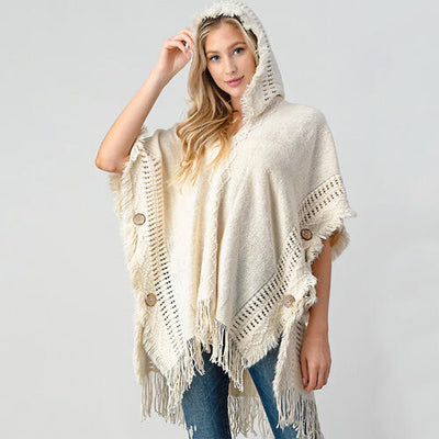 BEAUTIFUL I AM Fringed Crochet Buttoned Hooded Poncho