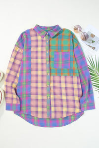 BEAUTIFUL I AM Contrast Plaid Pocketed Collared Neck Shirt