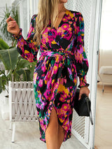 BEAUTIFUL I AM Printed Tie Front Lantern Sleeve Dress