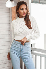 BEAUTIFUL I AM Openwork Plaid Round Neck Cropped Sweater